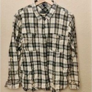 Vanilla Star Distressed Plaid Button Up Shirt Women med Chambray Blue Collared‌